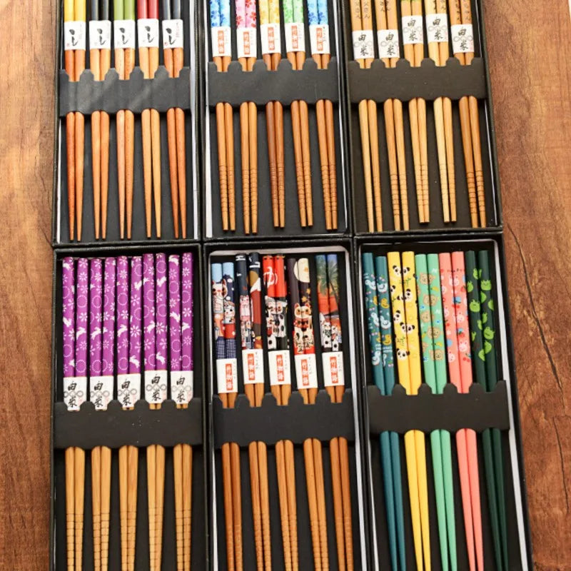 5-Pair Bamboo Chopsticks – Non-Slip, Reusable, Multi-Color | kivoterra.myshopify.com