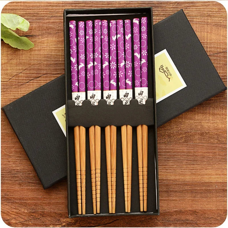 5-Pair Bamboo Chopsticks – Non-Slip, Reusable, Multi-Color | kivoterra.myshopify.com