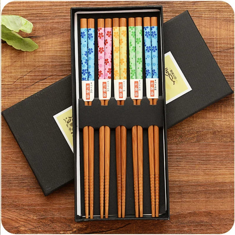 5-Pair Bamboo Chopsticks – Non-Slip, Reusable, Multi-Color | kivoterra.myshopify.com